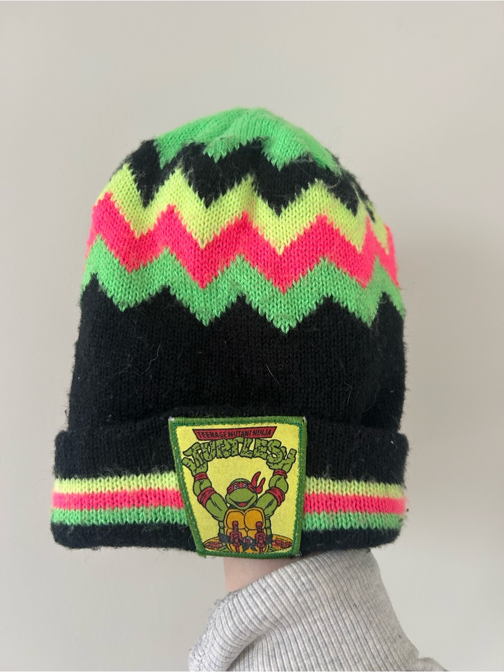 Vintage Teenage Mutant Ninja Turtles Black Beanie with Neon Chevron